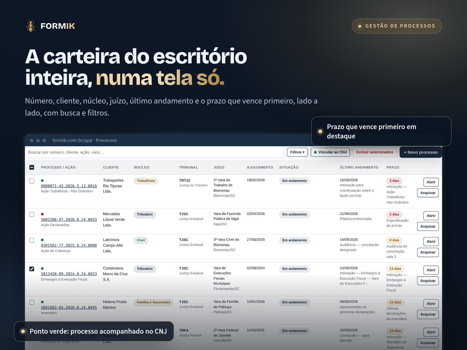 Tela de processos do Formik: lista com número CNJ, cliente, núcleo, tribunal, juízo, situação, último andamento e prazo.