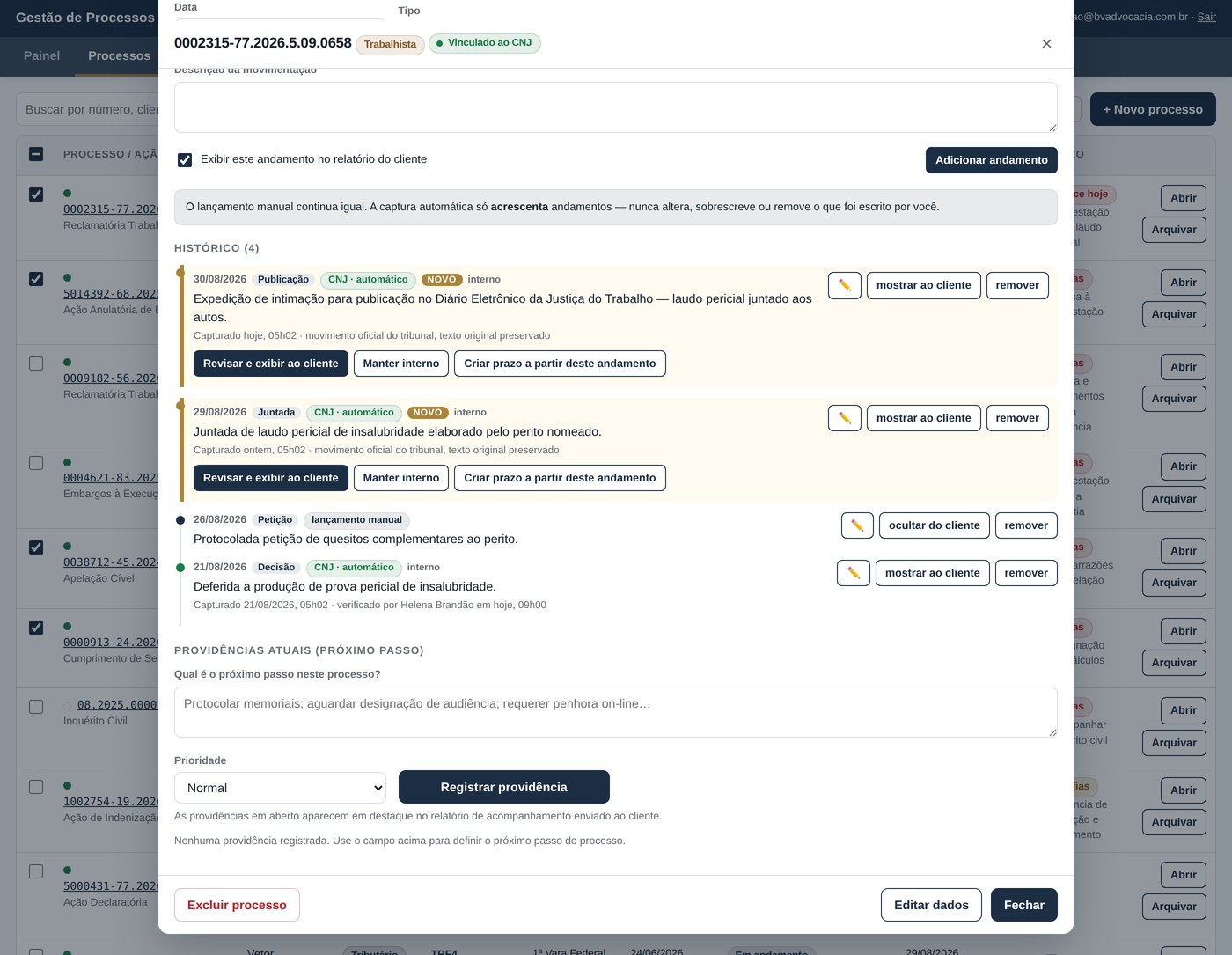 Formik — histórico do processo com andamentos capturados do tribunal